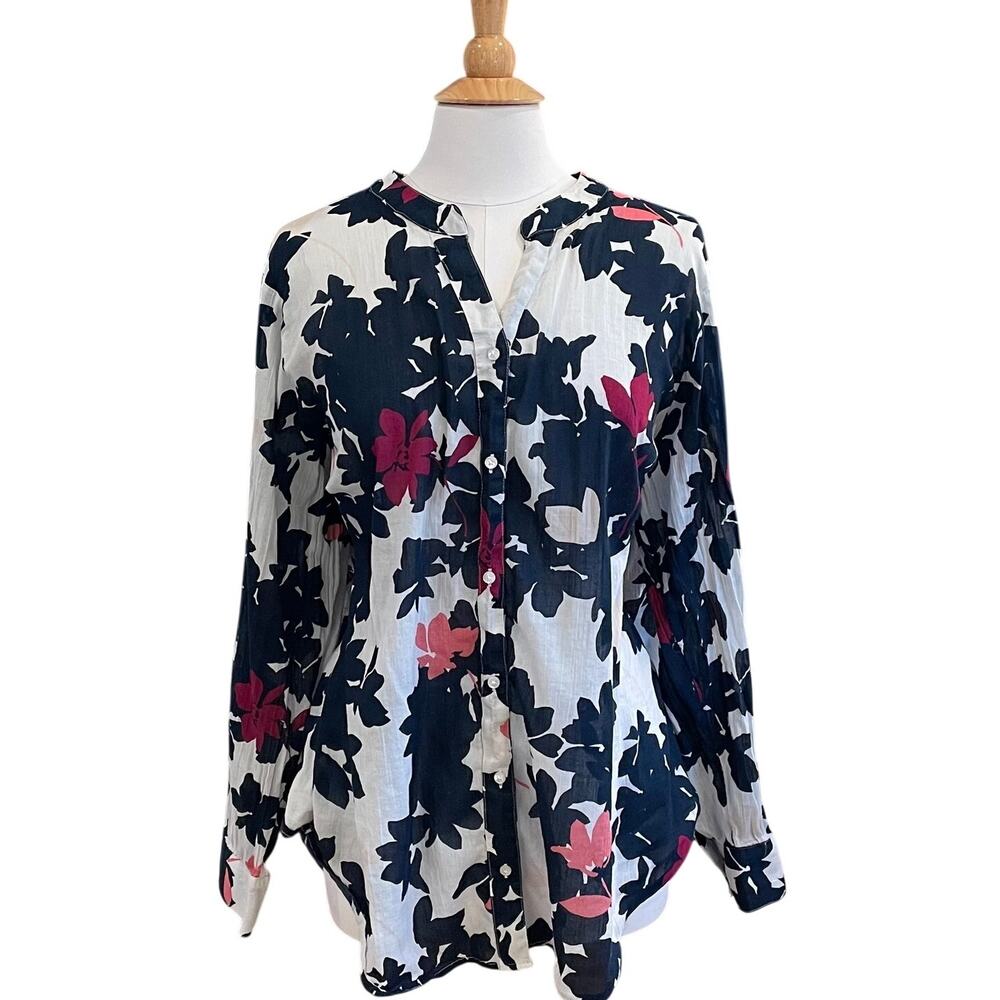 Liz Claiborne Cotton Navy Burgundy Floral Long Sleeve Button Down Shirt Boho 2X